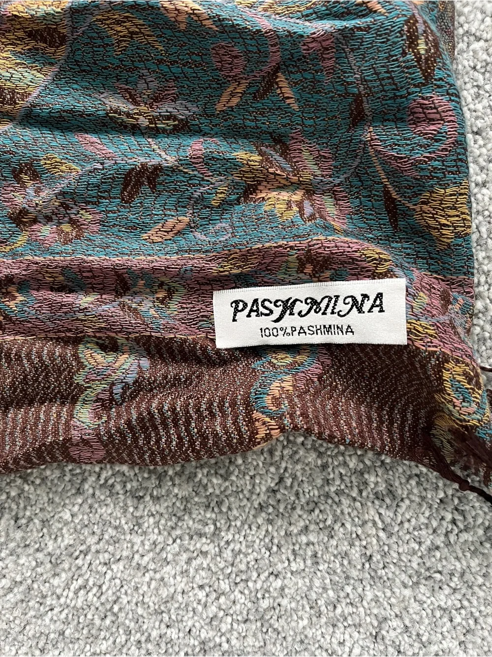 Pashmina Teal and Brown Floral Paisley Scarf with Fringe